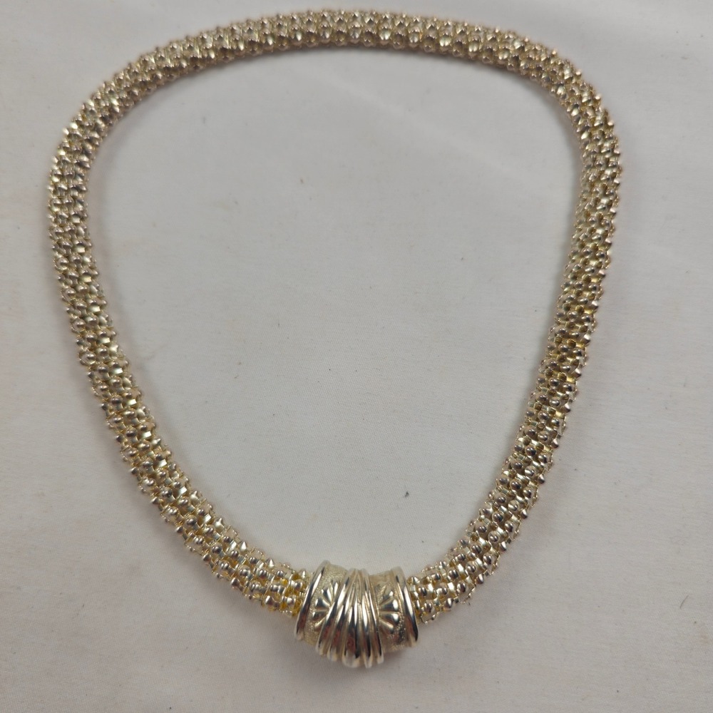 Silver Plated Popcorn Mesh Bead Collar Necklace Magnetic Clasp 18" VTG
